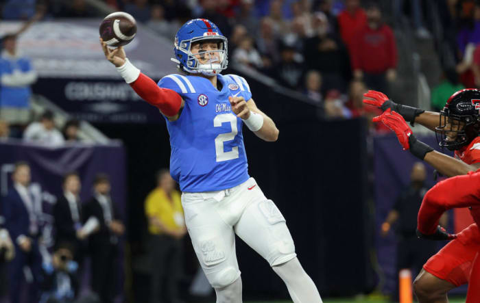 Ole Miss quarterback Jaxson Dart throws a pass against Texas Tech in the Texas Bowl at NRG Stadium in Houston, Texas